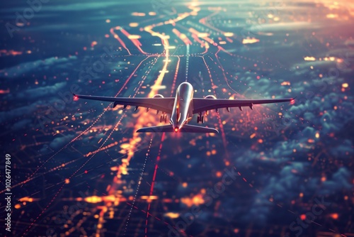 Airplane flying over city lights at nighttime with a clear sky and stars visible