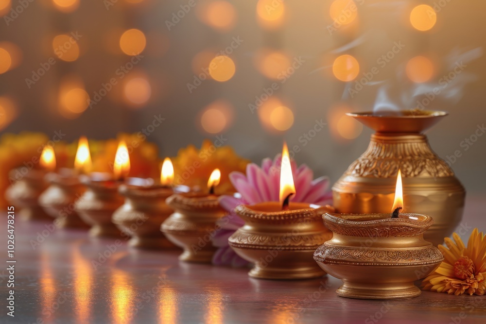 A row of lit Diwali diyas placed in traditional brass pots, accompanied by flowers, creating a warm and glowing ambiance for the Diwali festival.
A row of lit Diwali diyas placed in traditional brass pots, accompanied by flowers, creating a warm and glowing ambiance for the Diwali festival.