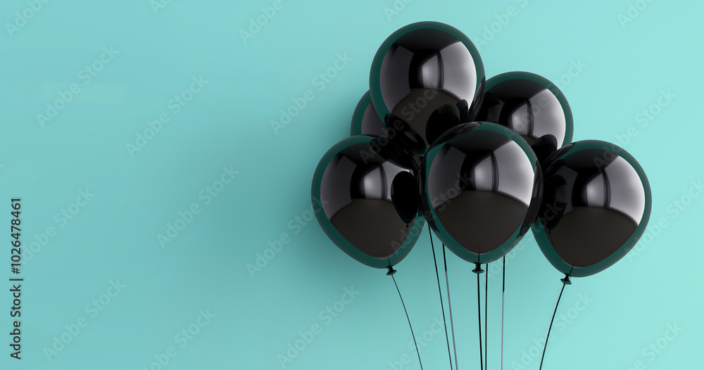 Black Balloons Floating Against a Teal Background Black Balloons Floating Against a Teal Background