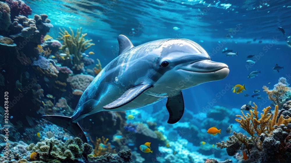 Fototapeta premium A dolphin swimming gracefully through a vibrant coral reef teeming with colorful marine life.