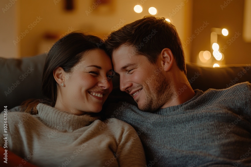 A man and a woman sitting together on a couch, possibly in a living room or home setting A man and a woman sitting together on a couch, possibly in a living room or home setting