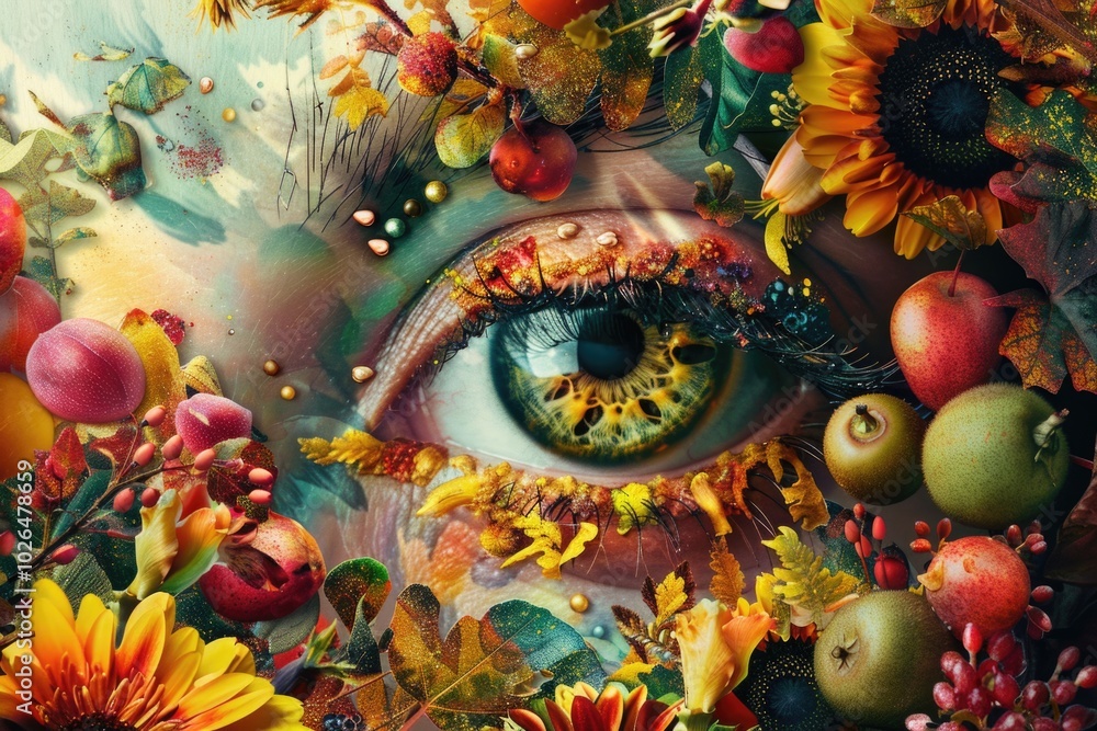 A close-up shot of an eye surrounded by flowers and fruit, great for editorial use in articles about nature or wellness A close-up shot of an eye surrounded by flowers and fruit, great for editorial use in articles about nature or wellness