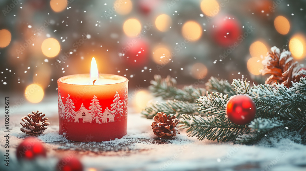 Festive candle with winter landscape and pine decorations Festive candle with winter landscape and pine decorations