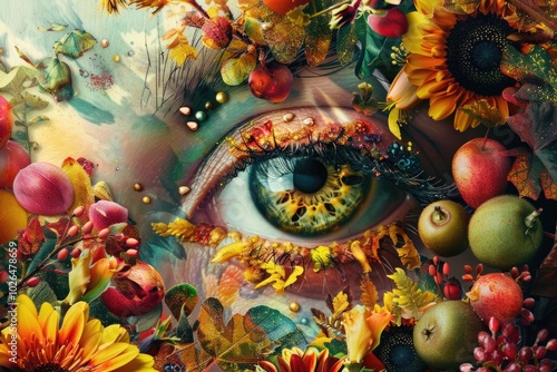 A close-up shot of an eye surrounded by flowers and fruit, great for editorial use in articles about nature or wellness