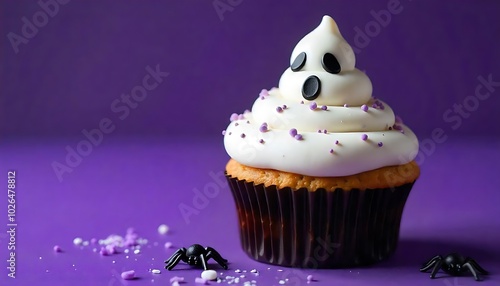 spooky Halloween cupcake with a white ghost-shaped, decorated with black spiders and sprinkles on a purple background created with generative ai