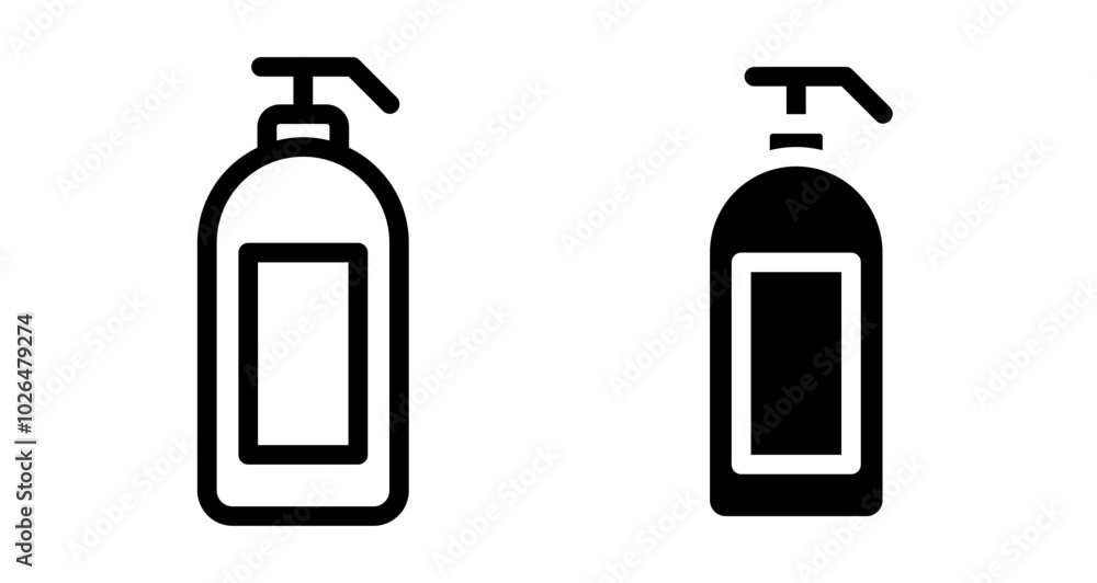 Liquid soap bottle Icons set in solid and thin line style Liquid soap bottle Icons set in solid and thin line style