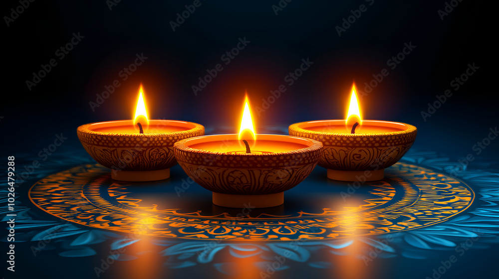 Three illuminated oil lamps arranged on a decorative surface, casting a warm glow in a serene setting during a festive celebration Three illuminated oil lamps arranged on a decorative surface, casting a warm glow in a serene setting during a festive celebration