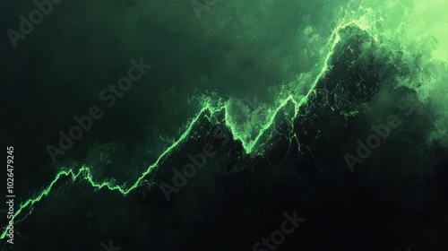 An abstract representation of a stock market surge, with a graph line climbing a steep hill, crafted from green light against a dark canvas. photo