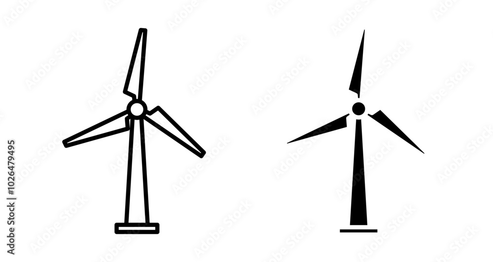 Wind turbine Icons set in solid and thin line style Wind turbine Icons set in solid and thin line style