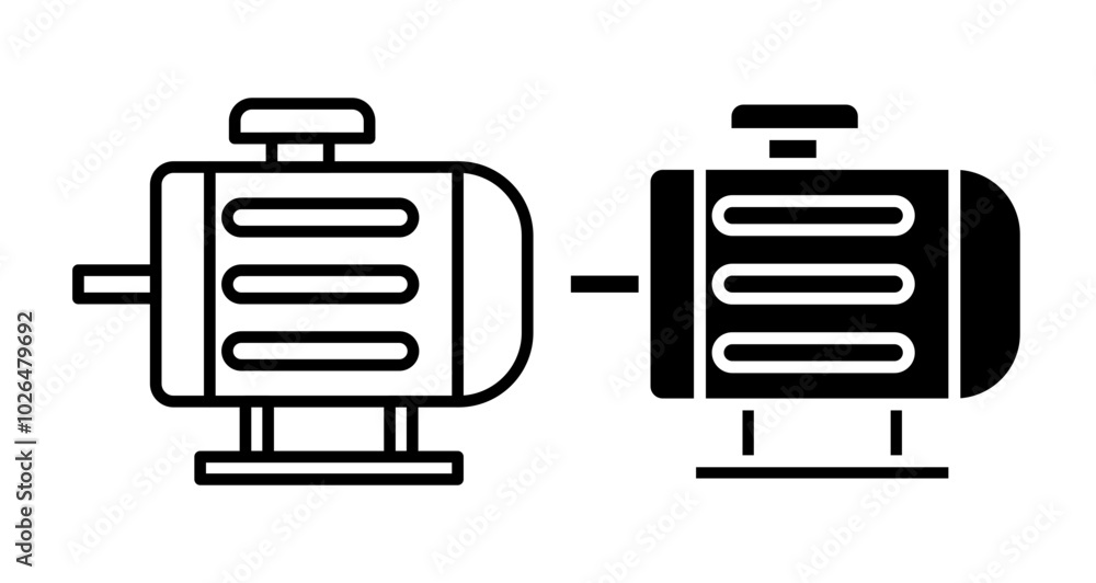 Electric motor Icons set in solid and thin line style Electric motor Icons set in solid and thin line style