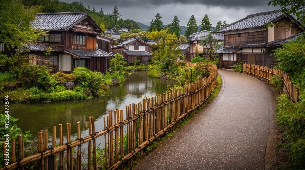 A serene village scene with traditional houses, a pond, and a winding pathway surrounded by greenery. A serene village scene with traditional houses, a pond, and a winding pathway surrounded by greenery.
