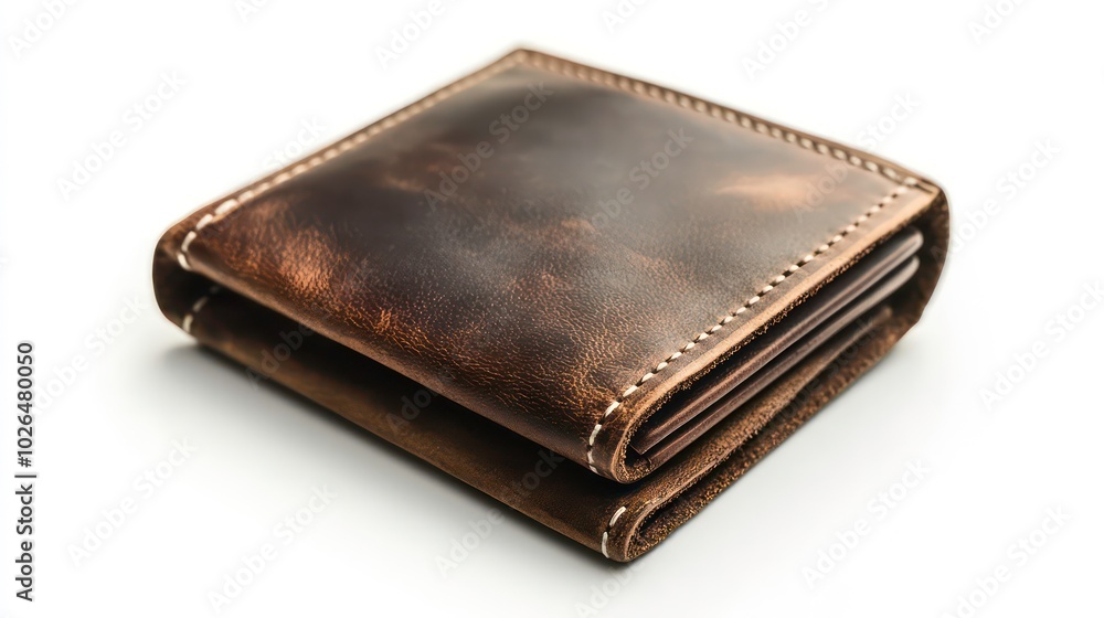A brown leather wallet with white stitching, closed, on a white background. A brown leather wallet with white stitching, closed, on a white background.
