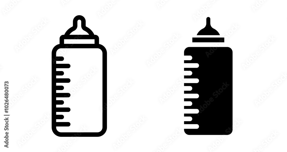 Baby feeding bottle Icons set in solid and thin line style Baby feeding bottle Icons set in solid and thin line style