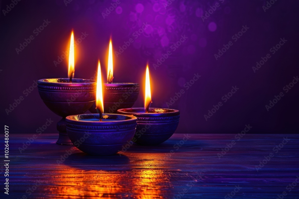Four glowing diyas in dark clay bowls, casting a warm light on a wooden surface against a rich purple background, symbolizing the peace and spirituality of Diwali
Four glowing diyas in dark clay bowls, casting a warm light on a wooden surface against a rich purple background, symbolizing the peace and spirituality of Diwali