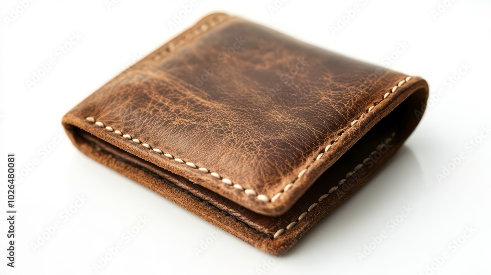 A brown leather wallet with white stitching lies on a white background. A brown leather wallet with white stitching lies on a white background.