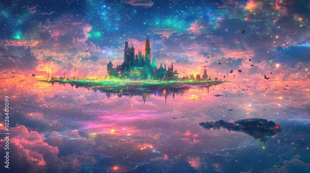 A vibrant, ethereal floating city amidst a colorful cosmic backdrop. A vibrant, ethereal floating city amidst a colorful cosmic backdrop.
