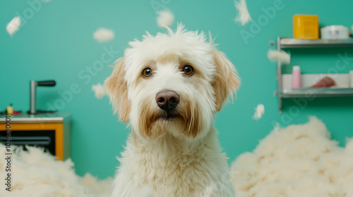 Playful dog surrounded by fluffy feathers in a colorful room photo