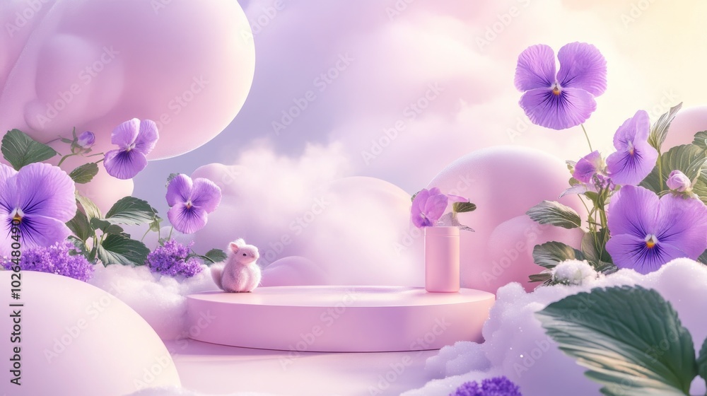 A serene pastel scene featuring flowers, soft clouds, and a cute bunny. A serene pastel scene featuring flowers, soft clouds, and a cute bunny.