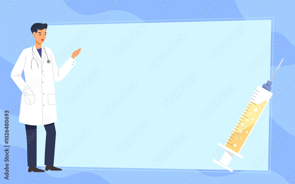Male doctor cartoon standing with huge syringe on blue blank background. Template for medical information. Empty banner for health and medical content. Sign board in hospital. Flat vector illustration Male doctor cartoon standing with huge syringe on blue blank background. Template for medical information. Empty banner for health and medical content. Sign board in hospital. Flat vector illustration