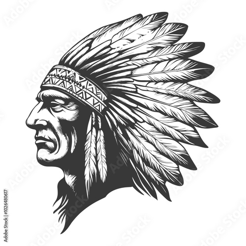 Profile of Native American Man Wearing a Headdress of Feathers