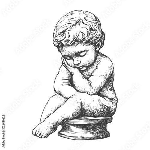 Pensive Stone Sculpture of a Sitting Boy