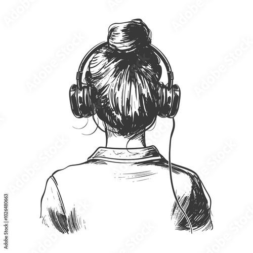 Rear View Sketch of a Woman with Headphones and Bun