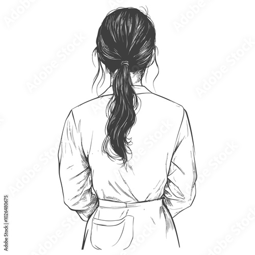Rear View Sketch of a Woman with Long Hair in a Ponytail