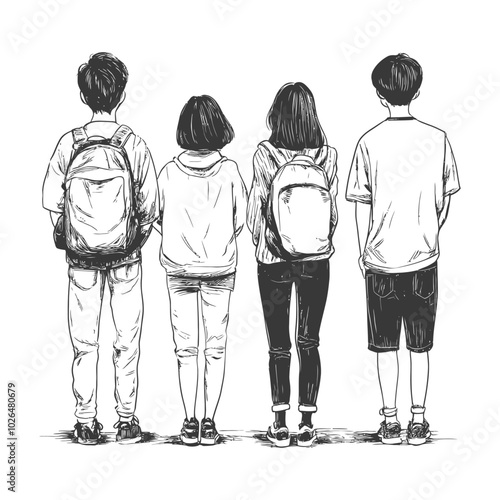 Rear View Sketch of Four Teenagers with Backpacks