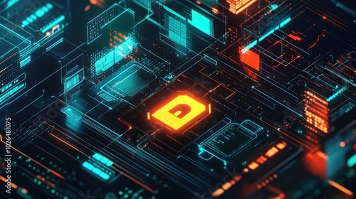 A futuristic digital landscape featuring a glowing logo amidst circuit-like patterns.