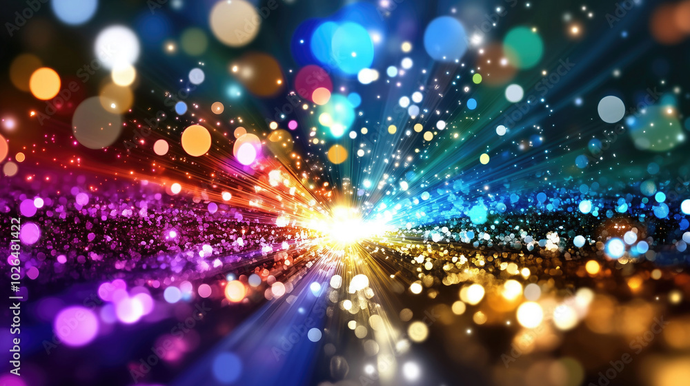 Obraz premium A vibrant, abstract background filled with colorful bokeh, glitter, and glowing light bursts, creating a festive and magical atmosphere. Perfect for celebrations and artistic inspiration.