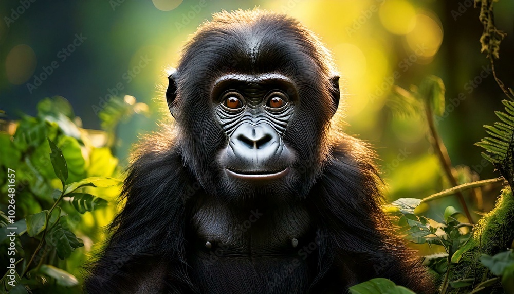 Fototapeta premium A very cute baby Gorilla standing in the forest