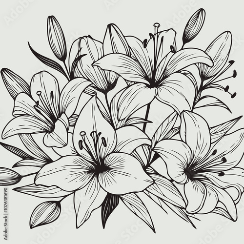 Wallpaper Mural lilies sketch, lily flower
illustration outline of a flower
black and white line art, lineart
set of contour flower, line art of flowers, leaves Torontodigital.ca
