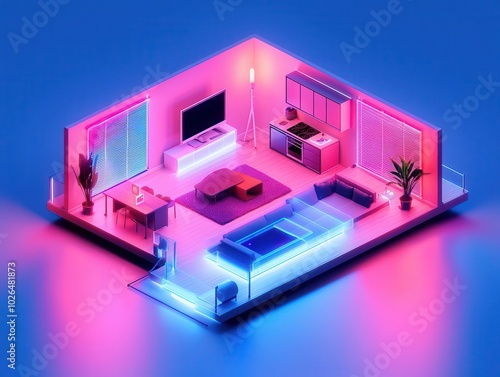 Isometric smart home setup with living room and kitchen, showcasing smart lighting, automated blinds, and energyefficient appliances photo