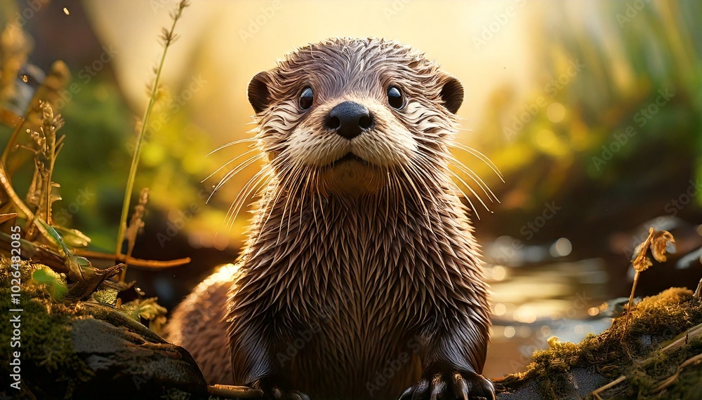 Fototapeta premium A very cute baby Otter standing in the wild
