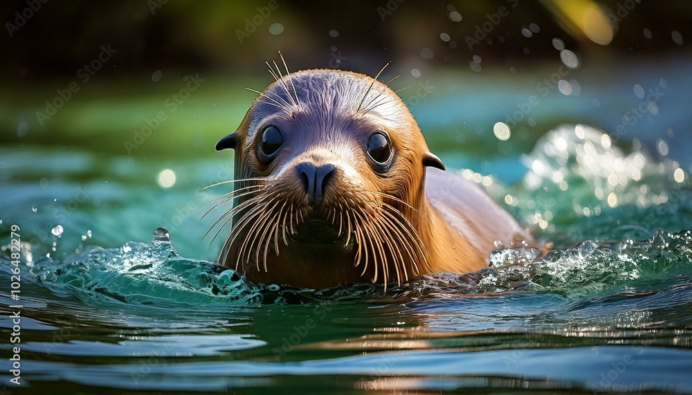 Fototapeta premium A very cute baby Sea Lion swimming in the river