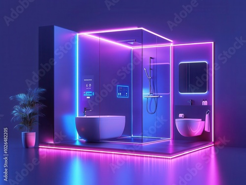 Smart home bathroom in isometric view, with smart shower controls, automated lights, and modern, techforward design photo