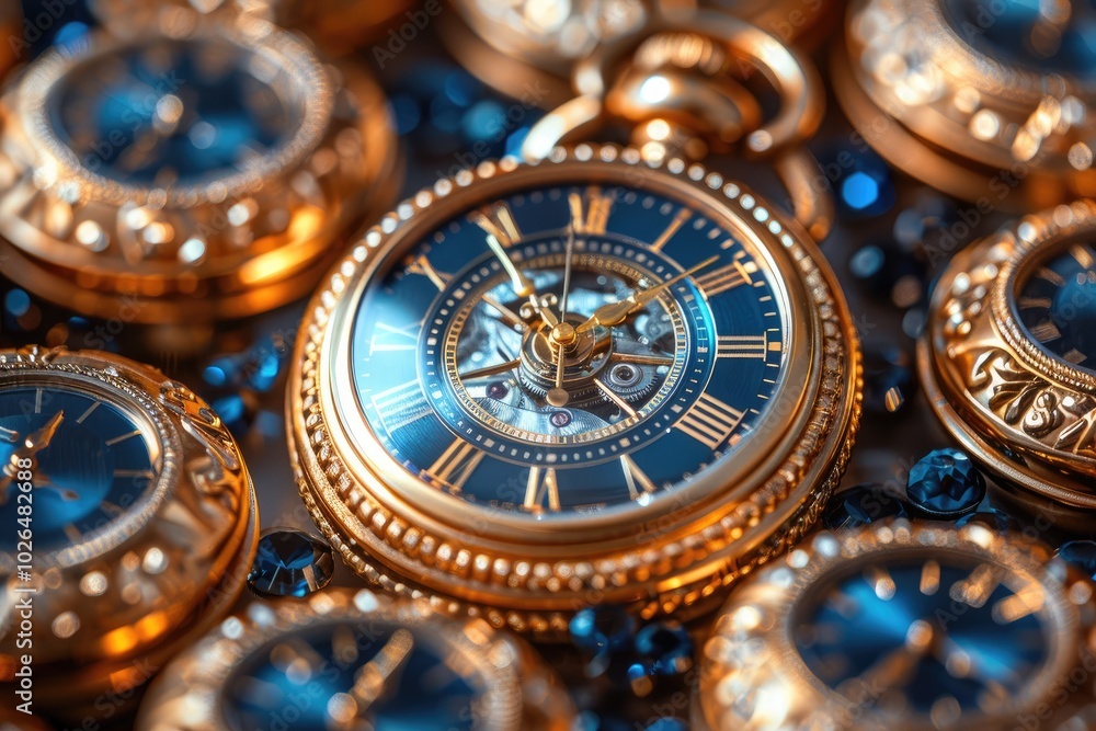 Gold Pocket Watch with Blue Face and Ornate Detail Gold Pocket Watch with Blue Face and Ornate Detail
