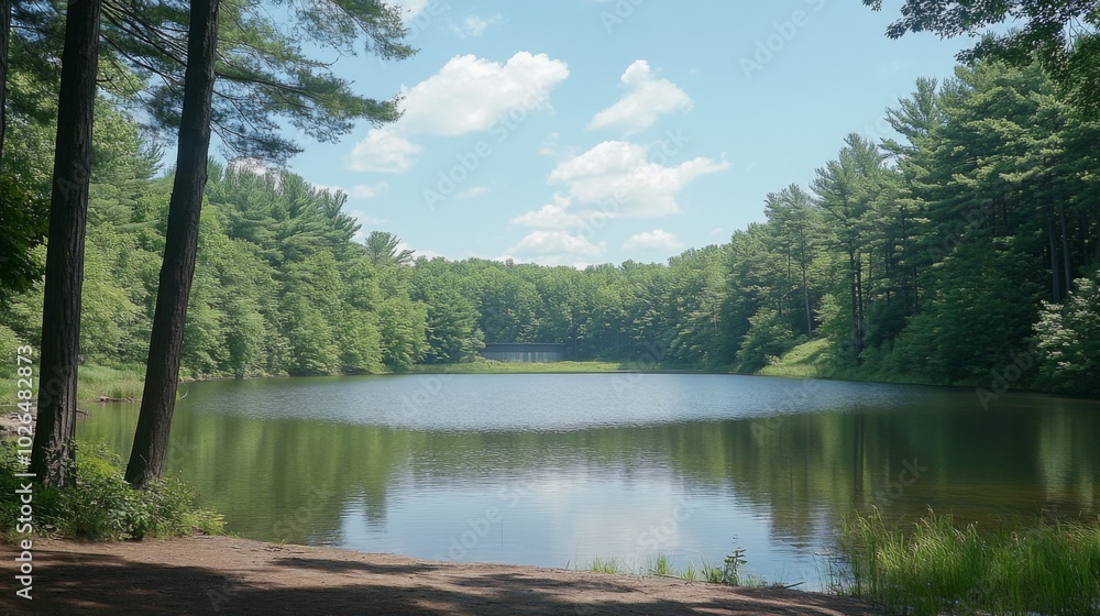 Serene Lake Surrounded by Lush Green Trees Serene Lake Surrounded by Lush Green Trees