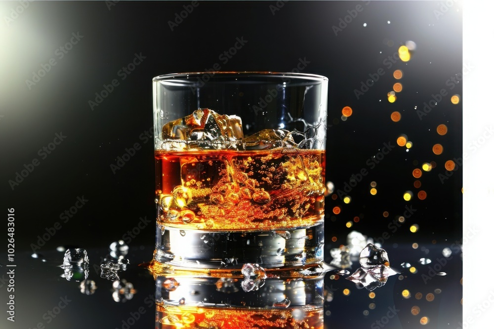 A dynamic shot of a whiskey glass with ice, surrounded by scattered ice cubes and droplets, set against a dark background with sparkling bokeh effects
A dynamic shot of a whiskey glass with ice, surrounded by scattered ice cubes and droplets, set against a dark background with sparkling bokeh effects