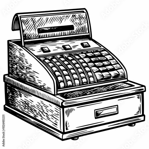 Vintage Cash Register Illustration Hand Drawn Retro Style for Financial and Retail Themes