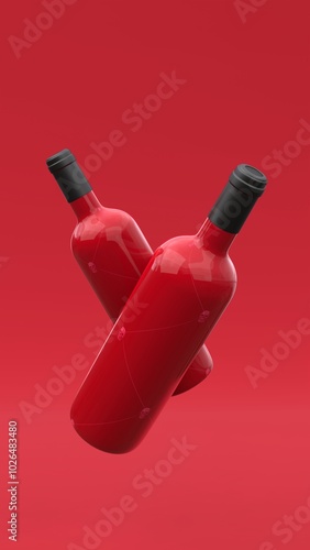 Elegant levitate wine bottles with label on red background. Modern cover design. 3d illustration.