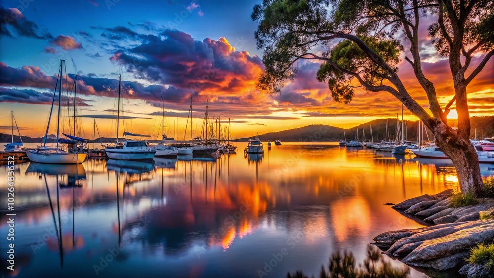 A breathtaking sunset casts vibrant colors over the Australian marina, where tranquil waters reflect the warm hues, creating a serene atmosphere A breathtaking sunset casts vibrant colors over the Australian marina, where tranquil waters reflect the warm hues, creating a serene atmosphere