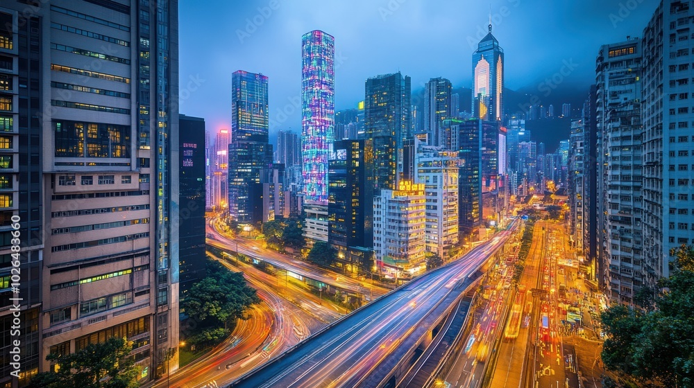 Obraz premium A vibrant cityscape at dusk, showcasing skyscrapers and busy roads with light trails.
