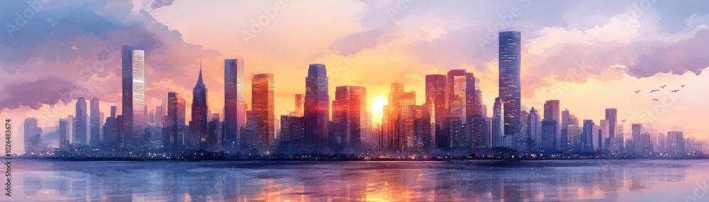 Fototapeta premium City skyline during sunset panoramic scene flat design front view glowing cityscape watercolor Complementary Color Scheme