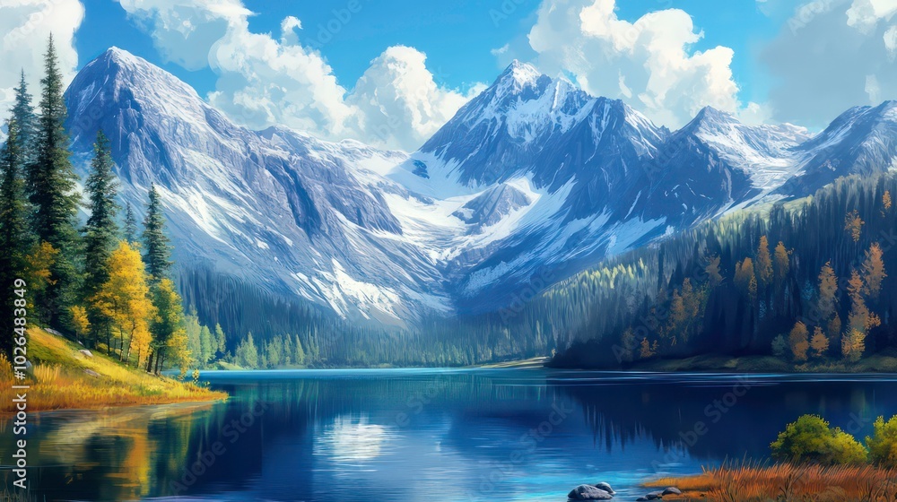 Obraz premium A serene mountain lake with snow-capped peaks reflecting in the crystal clear water. The lake is surrounded by lush greenery and towering trees, creating a picturesque scene.