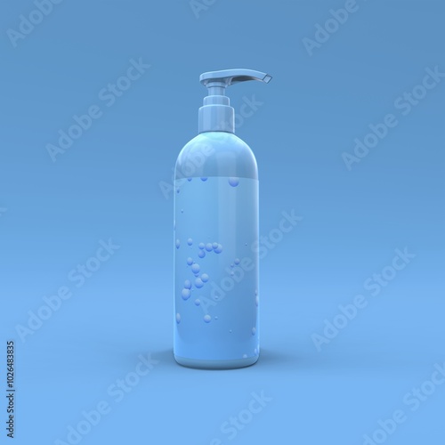 Elegant cosmetic bottle with label closeup on blue background. Modern cover design. 3d illustration.