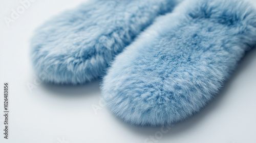 Soft blue fuzzy mittens in close-up on white background