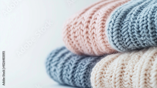 Stack of pastel knitted sweaters in soft focus close-up