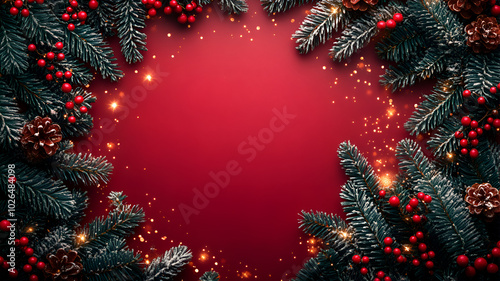 Christmas fir branches, golden sparkles, and blurred bokeh lights on a red background and Copy space.