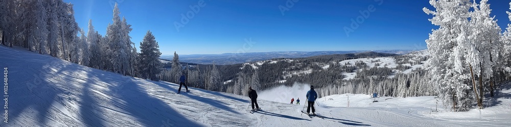 A snowy mountain landscape with two people skiing and one person snowboarding. The snow is white and the sky is blue A snowy mountain landscape with two people skiing and one person snowboarding. The snow is white and the sky is blue